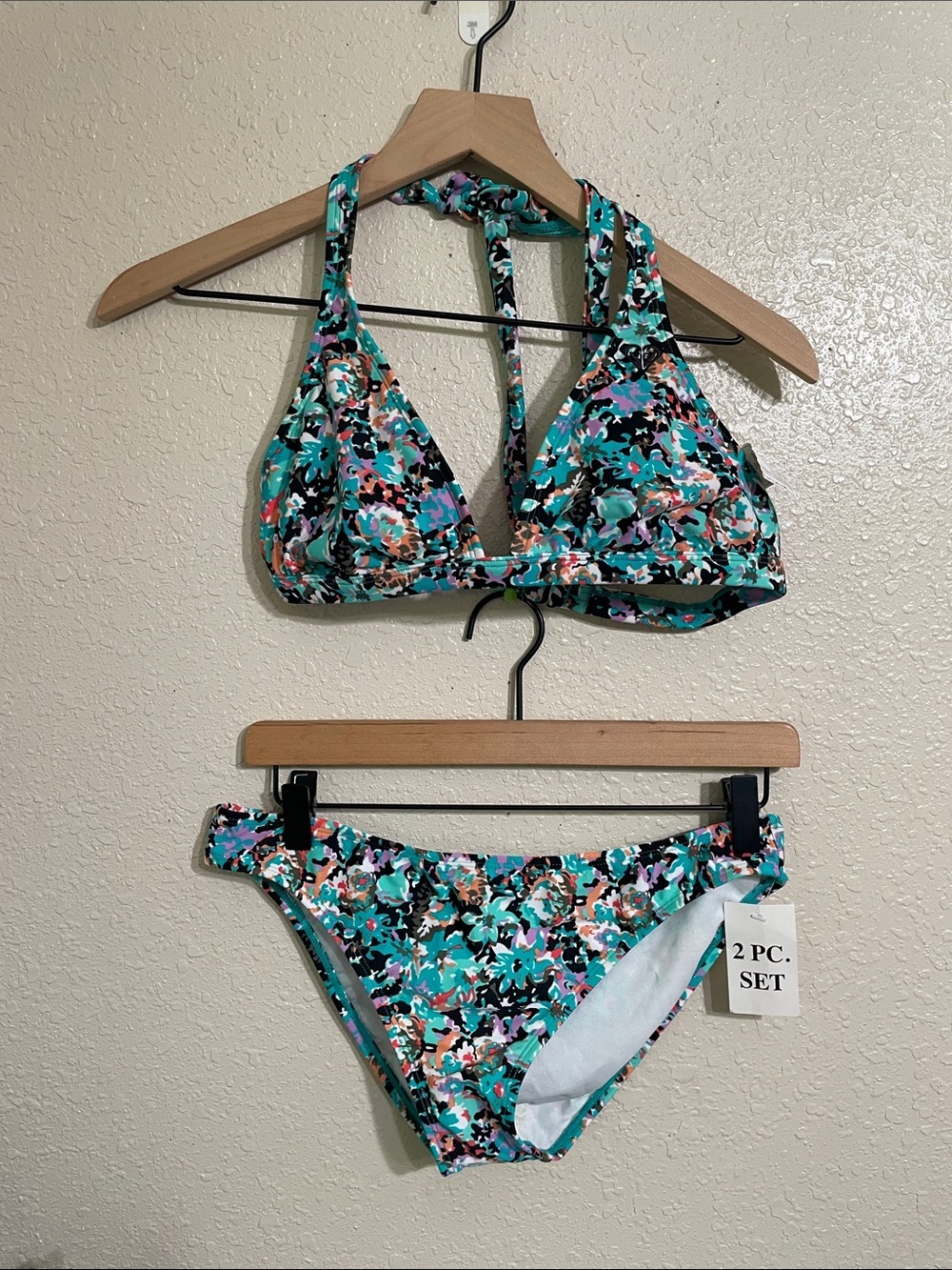 Roxy Floral Halter Bikini Set in Teal & Black